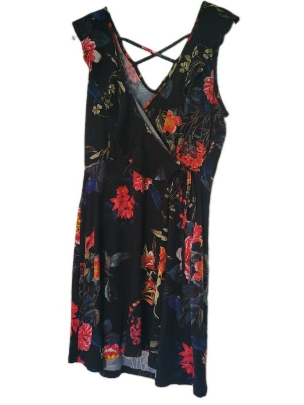 Hot Kiss XL Black Floral V-Neck Sleeveless Mini Dress Strappy Crisscross Backf
